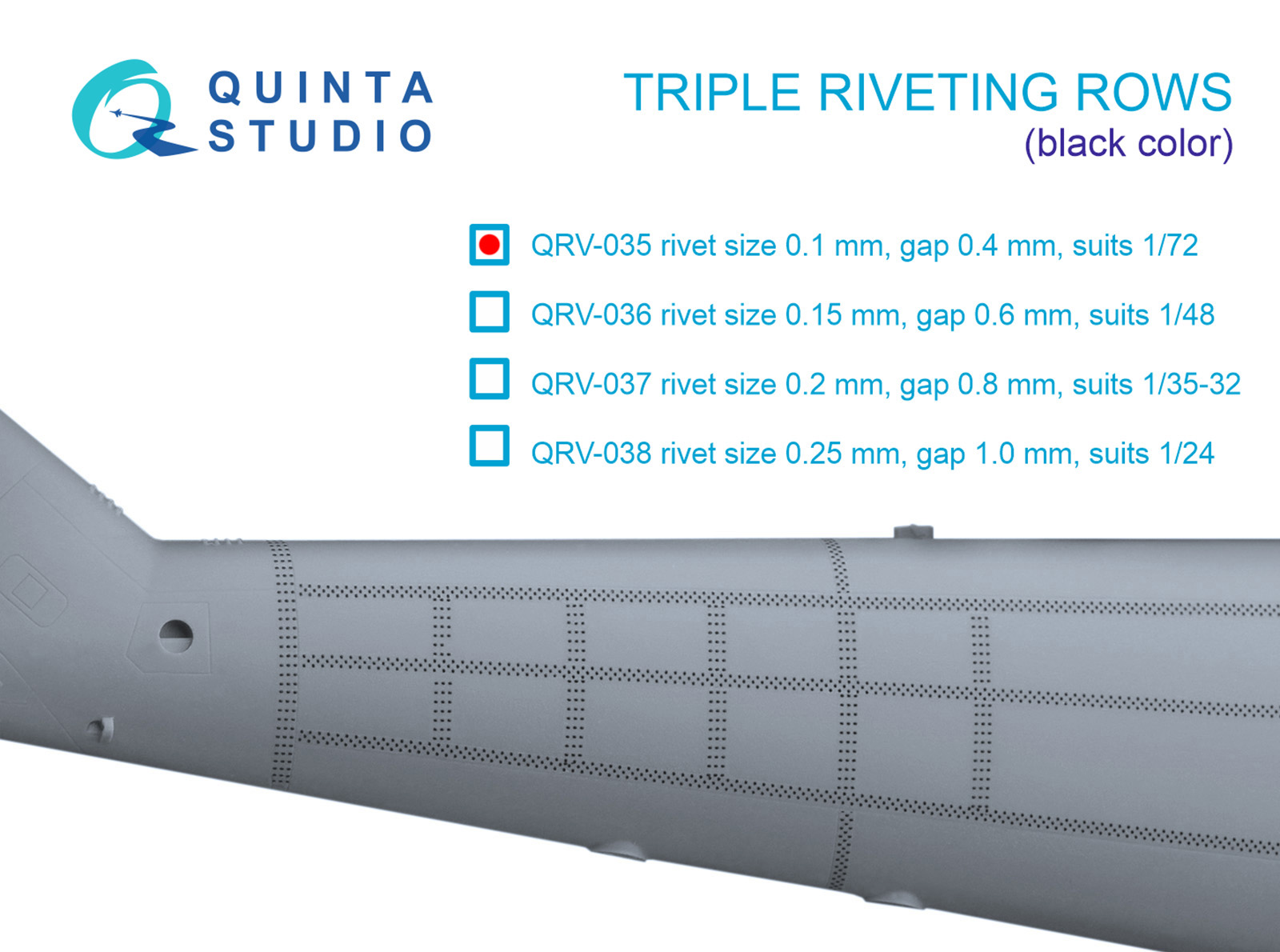 Triple riveting rows (rivet size 0.10 mm, gap 0.4 mm, suits 1/72 scale), Black color, total length 6.6 m/22 ft