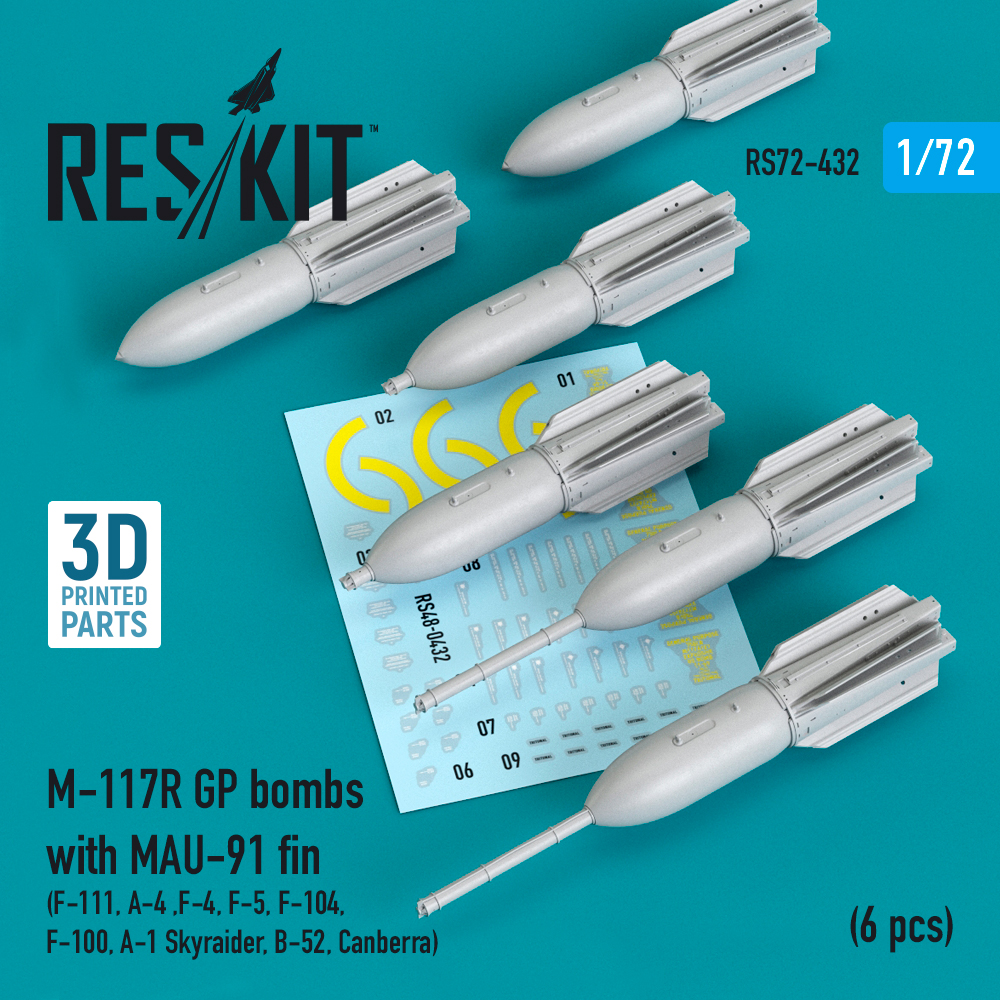 M-117R GP bombs with MAU-91 fin (6 pcs) (F-105, F-111, A-4 ,F-4, F-5, F-104, F-100, A-1 Skyraider, B-52, Canberra) (3D Printed) (1/72)