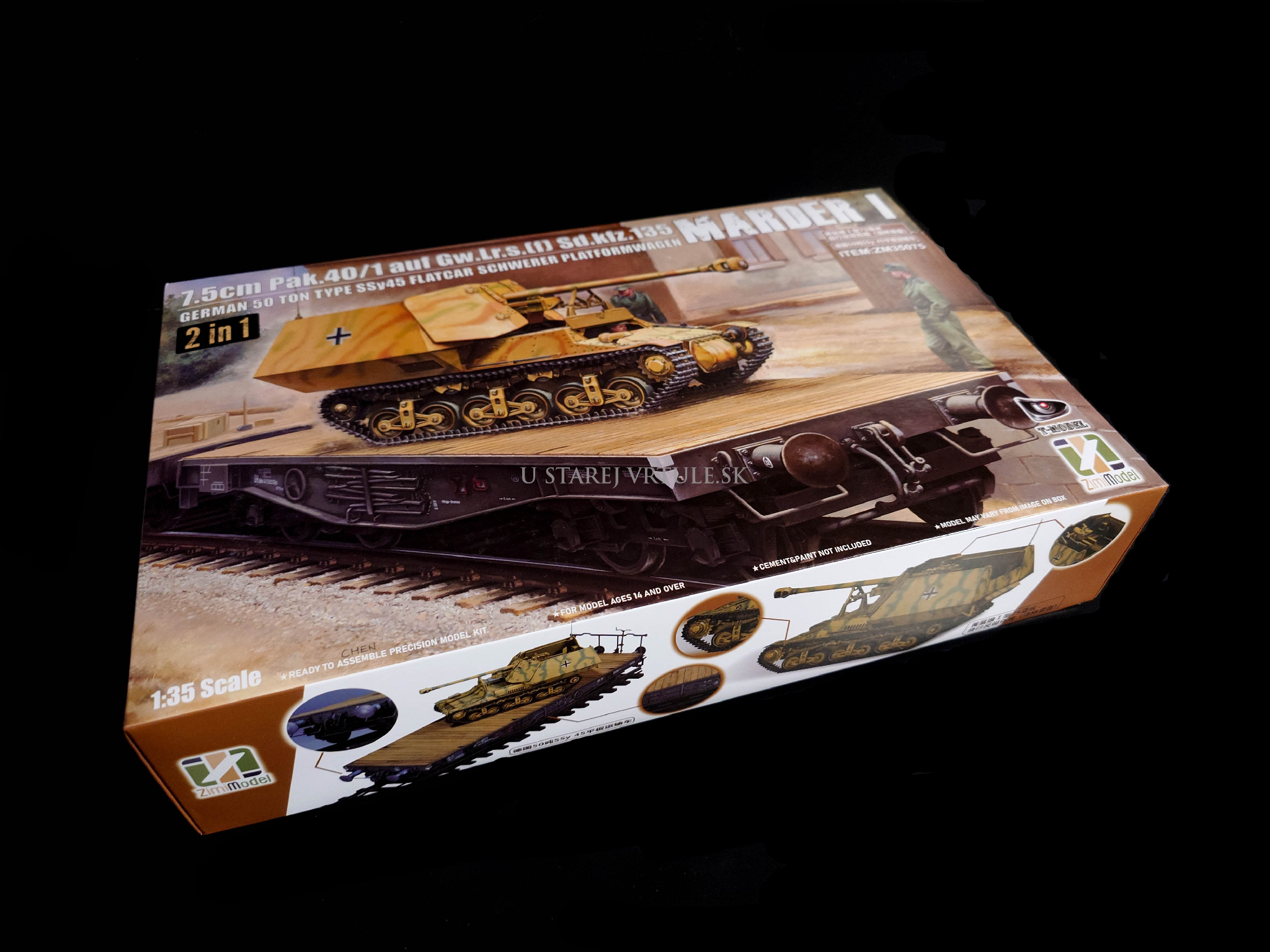 7.5cm PAK.40/1 auf. Gw.Lr.s.(f) Sd.Kfz.135 Marder I German 50 ton type SSy45 Flatcar Schwerer Platformwagen 1/35 - rozbalený