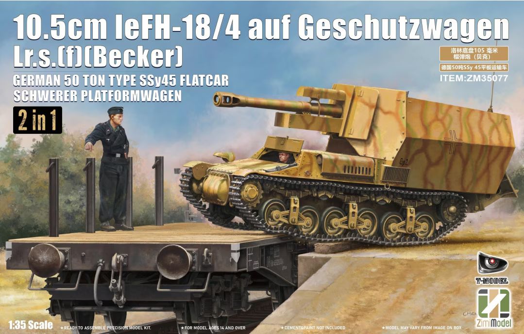 10.5cm scale leFH-18/4 auf Geschutzwagen Lrs.[f][Becker] German 50-ton Type SSy45 flatcar schwerer platformwagen 1/35