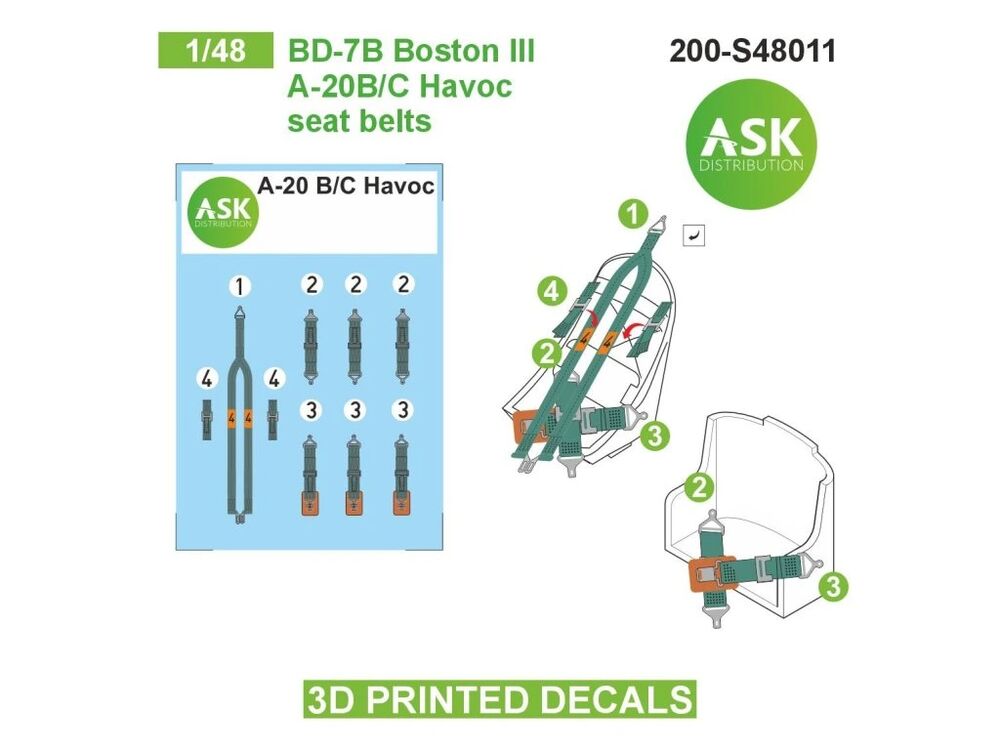BD-7B Boston III / A-20B/C Havoc seat belts - 3D printed decals by ASK