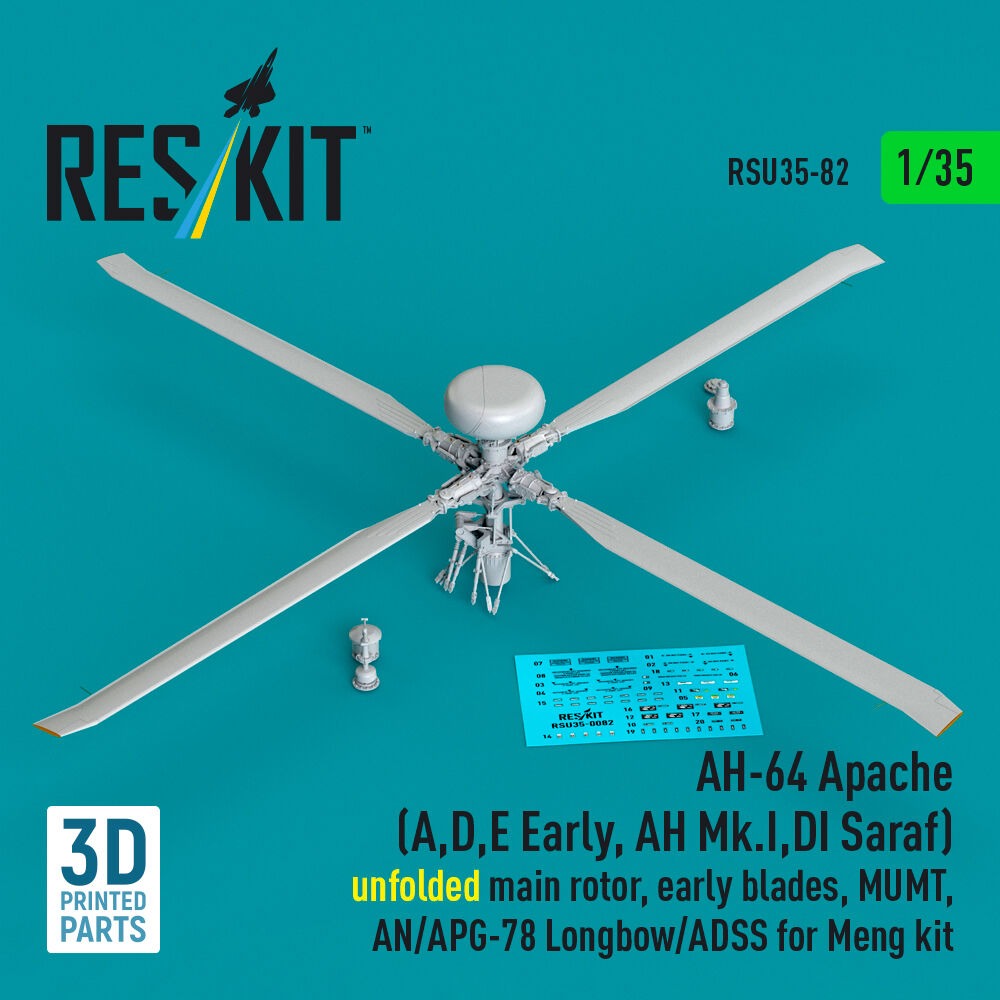 AH-64 Apache (A,D,E Early, AH Mk.I,DI Saraf) unfolded main rotor, early blades, MUMT, AN/APG-78 Longbow/ADSS for Meng kit (3D Printed)(1/35)