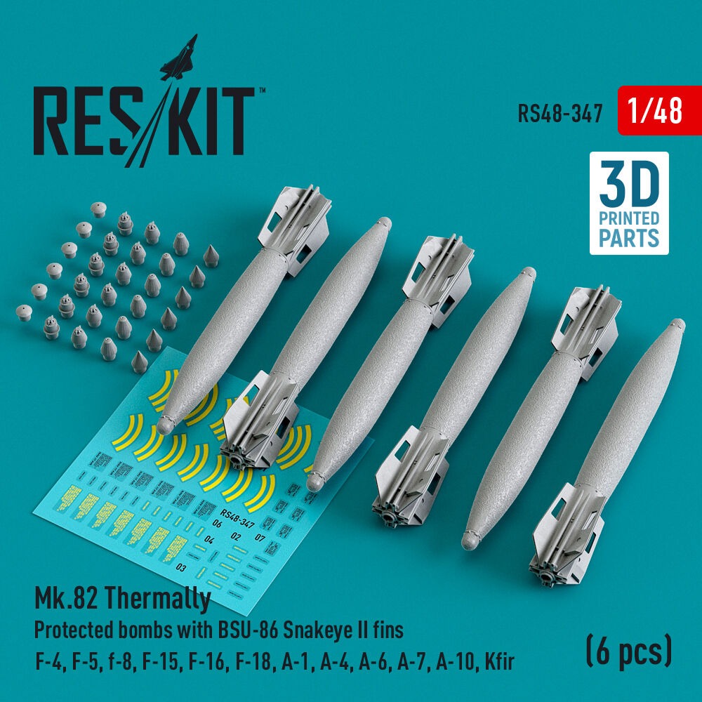 Mk.82 thermally protected bombs with BSU-86 Snakeye II fins (6 pcs) (F-4, F-5, F-8, F-15, F-16, F-18, A-1, A-4, A-6, A-7, A-10, Kfir) (3D Printed)