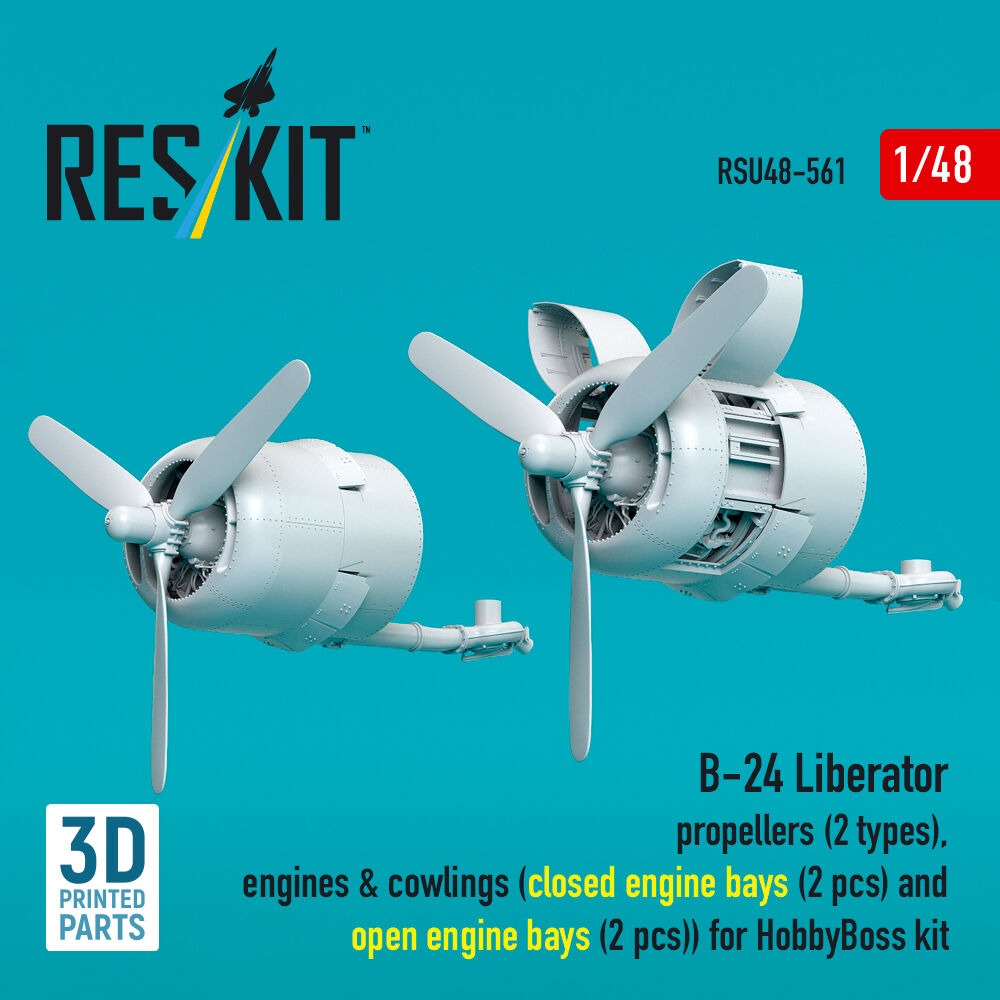 B-24 Liberator propellers (2 types), engines & cowlings (closed engine bays (2 pcs) and open engine bays (2 pcs)) (3D Printed) for Hobby Boss