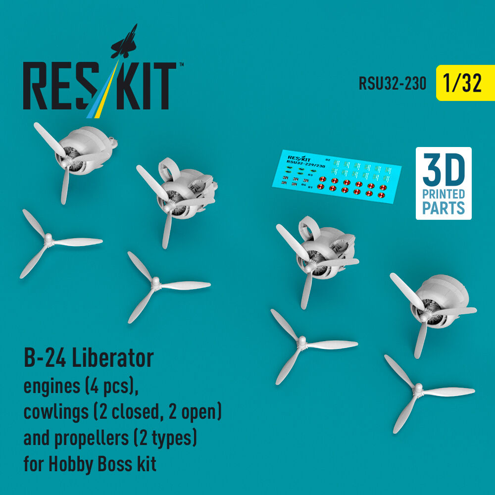 B-24 Liberator engines (4 pcs), cowlings (2 closed, 2 open) and propellers (2 types) (3D Printed) for Hobby Boss
